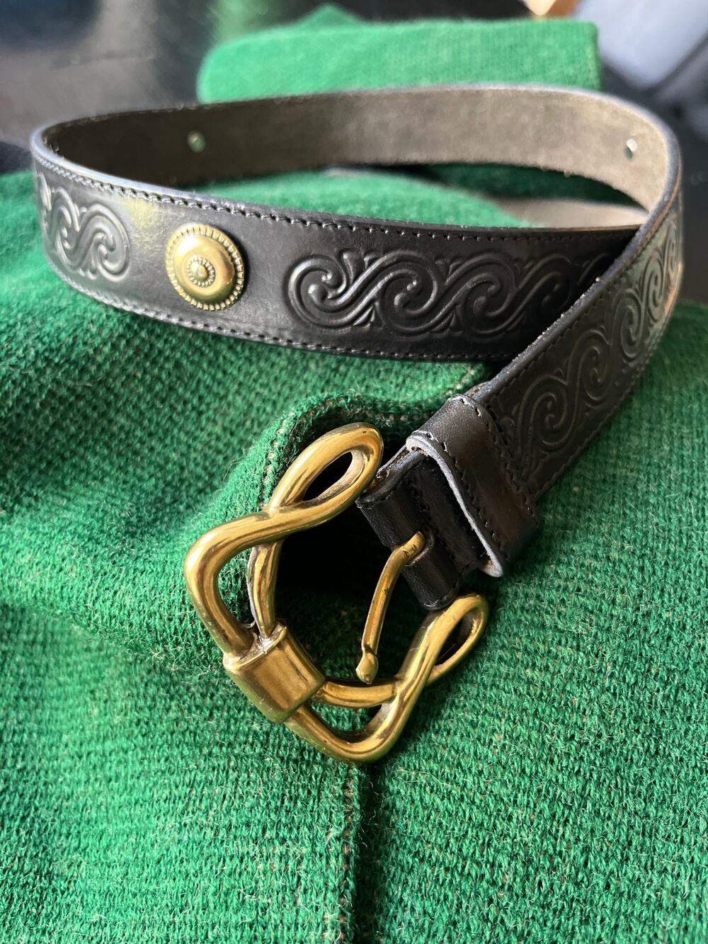 Vintage 90s Navy Leather Belt Brass Buckle Linea Pelle Size Large